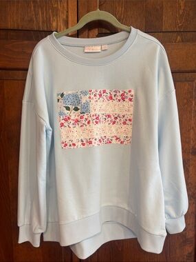 Belle by Kim Gravel Light Blue Floral Patch Crewneck Sweatshirt